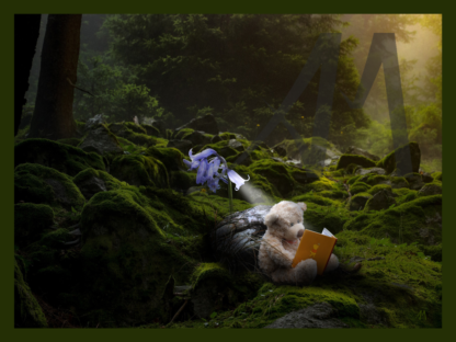 Fantasy with toy bear reading in woods