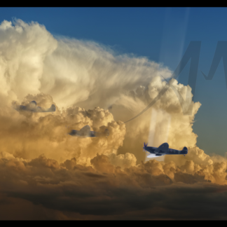 Three Spitfires in cloud cover with searchlight digial art