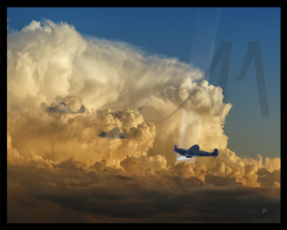 Three Spitfires in cloud cover with searchlight digial art