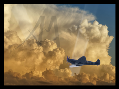 Spitfire with clouds and searchlight digital art